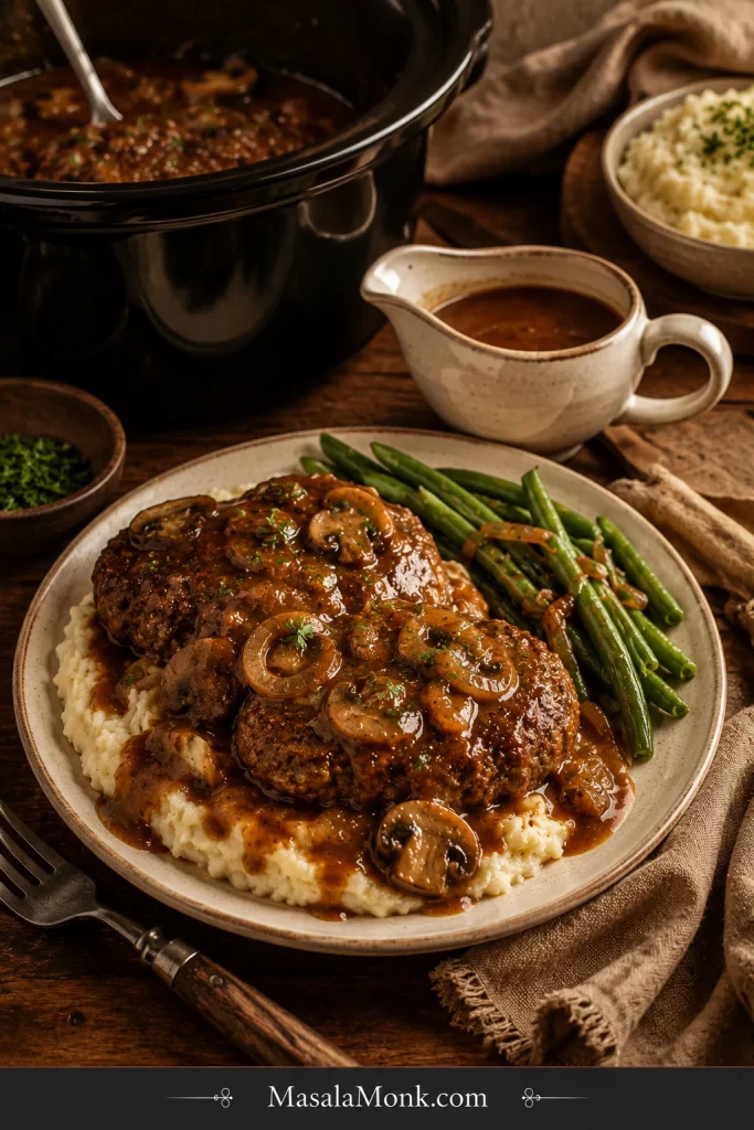 Complete crock pot Salisbury steak dinner with mashed potatoes, mushroom onion gravy, green beans, a gravy boat, and a slow cooker in the background.