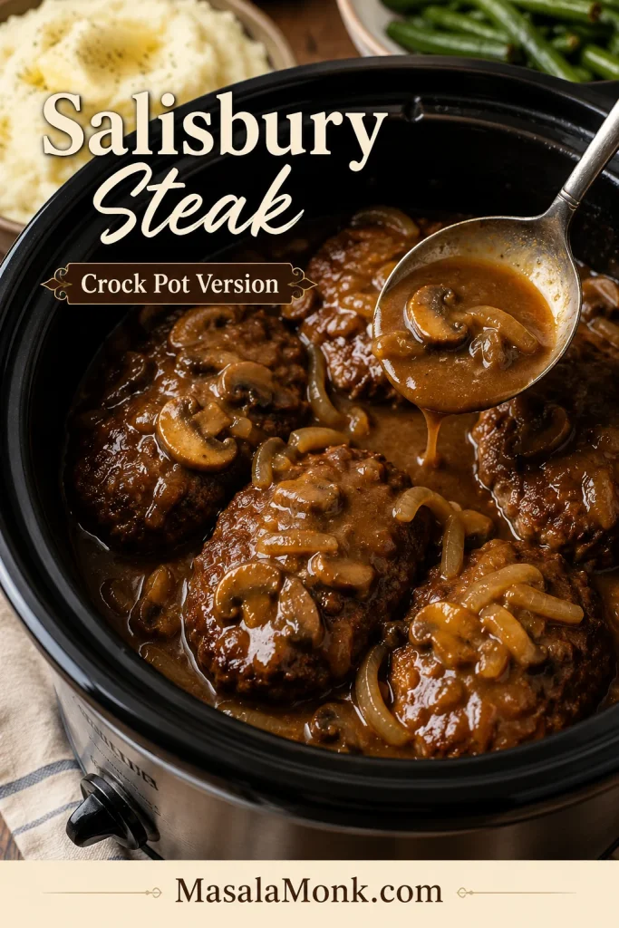 Salisbury steak patties with mushroom onion gravy in a slow cooker.
