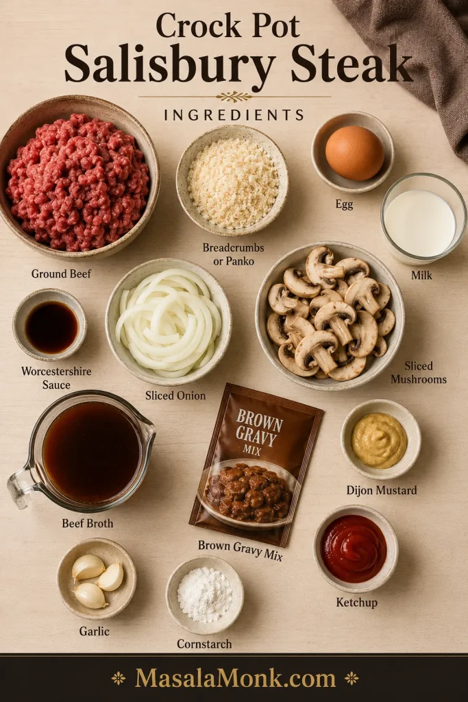 Overhead ingredient board with ground beef, breadcrumbs, egg, milk, sliced onion, mushrooms, beef broth, brown gravy mix, Worcestershire sauce, Dijon, ketchup, garlic, and cornstarch.