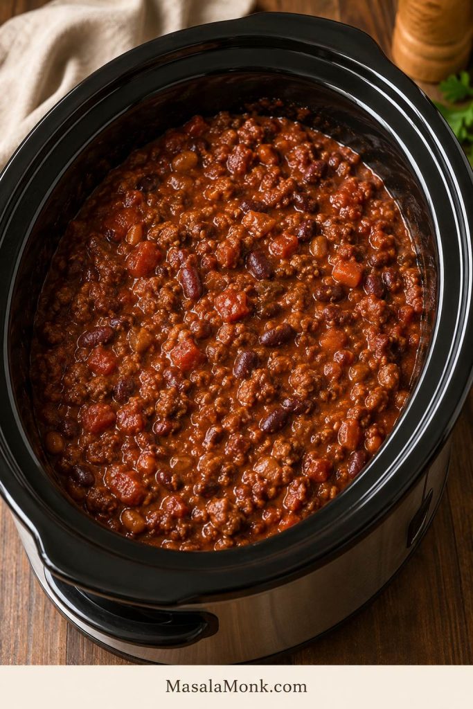 Finished crockpot chili in an open slow cooker with ground beef, beans, tomatoes, and thick red sauce