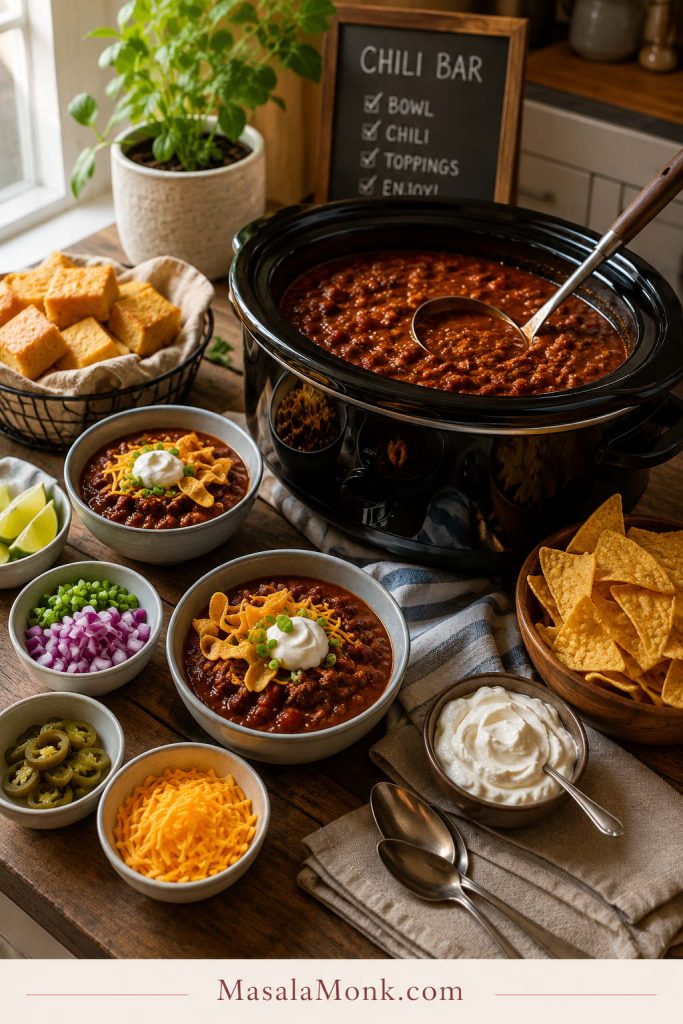 Crockpot chili bar with a slow cooker of chili, ladle, bowls, tortilla chips, cornbread, sour cream, cheese, onions, jalapenos, and serving spoons