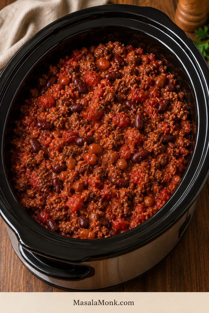 Uncooked crockpot chili mixture in a slow cooker with ground beef, beans, tomatoes, and thick red sauce