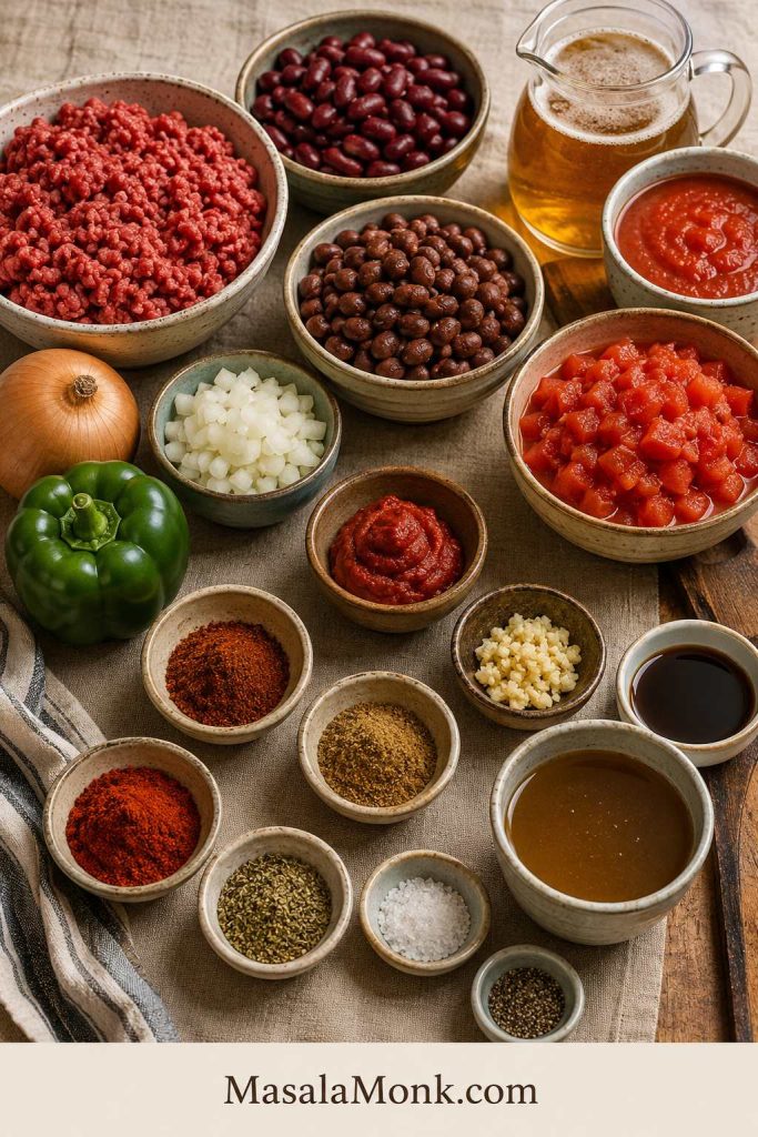 Ingredients for crockpot chili arranged on a table, including ground beef, beans, tomatoes, tomato sauce, tomato paste, onion, bell pepper, garlic, spices, Worcestershire sauce, and broth