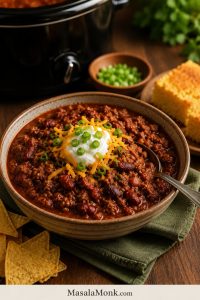 Bowl of crockpot chili topped with cheddar cheese, sour cream, green onions, tortilla chips, and cornbread, with a slow cooker in the background