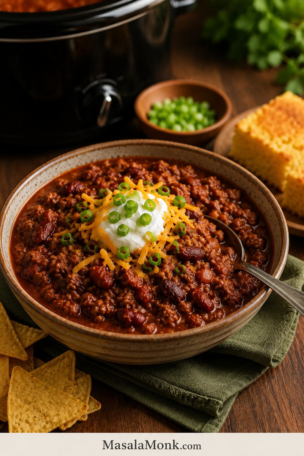 Bowl of crockpot chili topped with cheddar cheese, sour cream, green onions, tortilla chips, and cornbread, with a slow cooker in the background