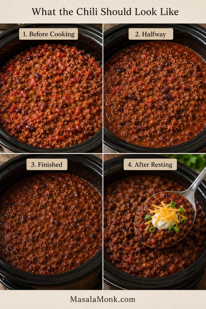 Four-panel guide showing crockpot chili before cooking, halfway cooked, finished, and after resting