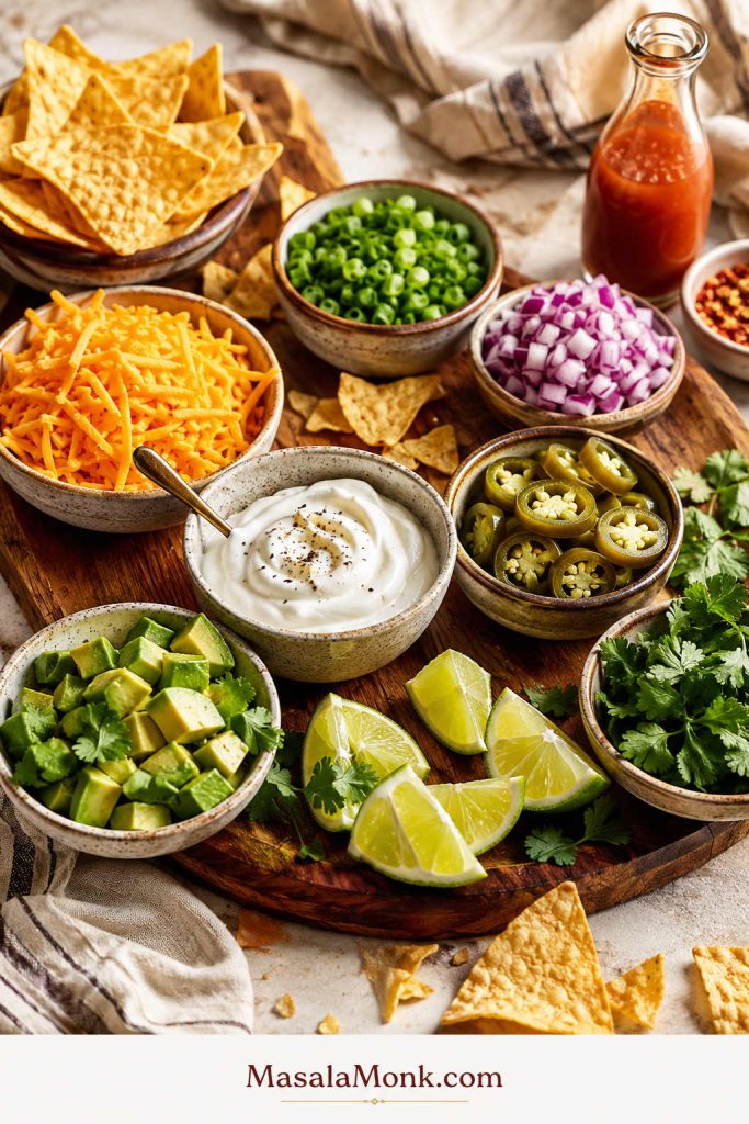 Chili toppings arranged on a board, including shredded cheddar, sour cream, green onions, red onion, jalapenos, avocado, cilantro, lime wedges, tortilla chips, and hot sauce