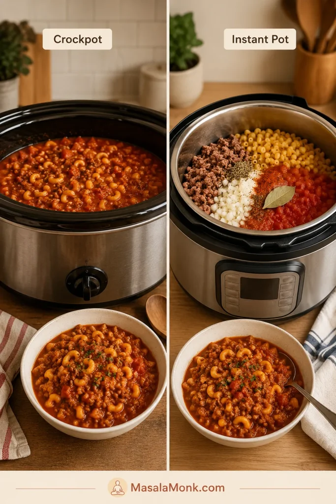 Split image comparing Crockpot American goulash and Instant Pot American goulash with tomato beef macaroni.