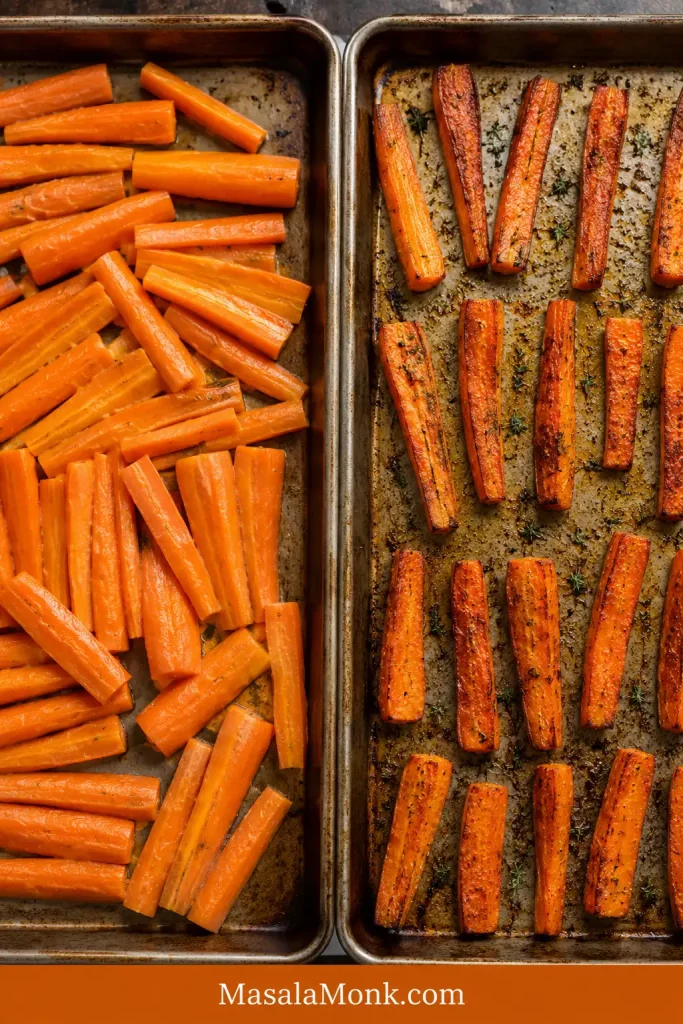 Side-by-side comparison of crowded pale carrots and properly spaced browned carrots on sheet pans.