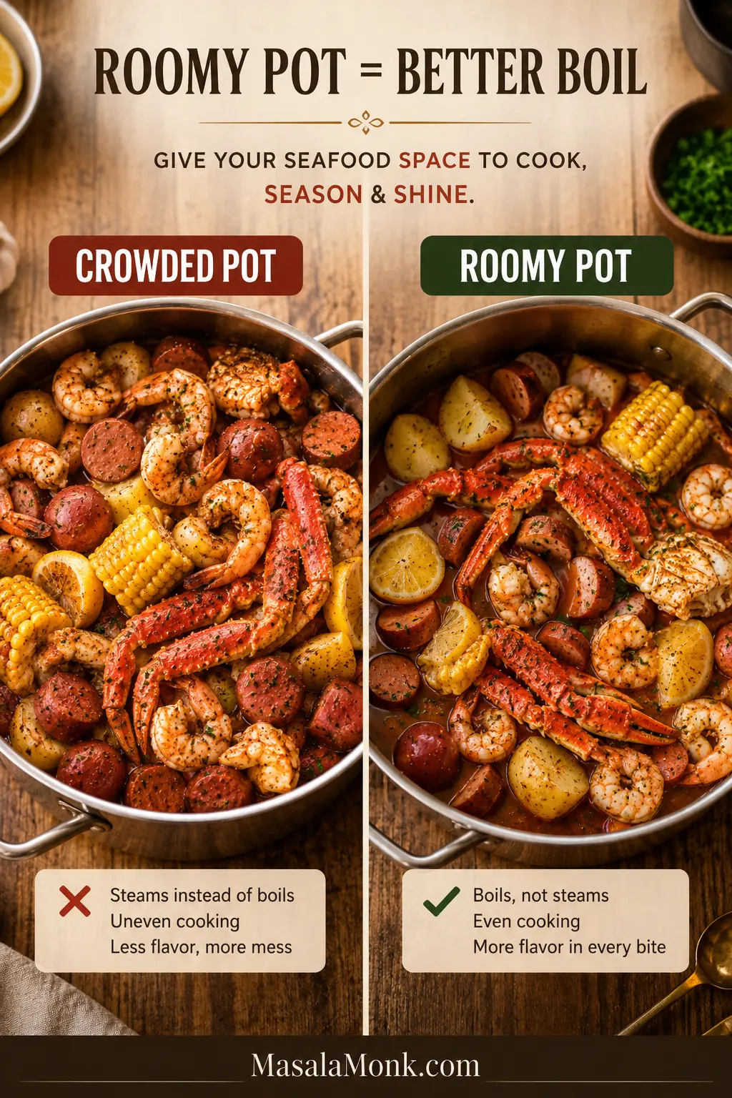 Split comparison of a crowded seafood boil pot versus a roomy pot with better spacing and bubbling room.