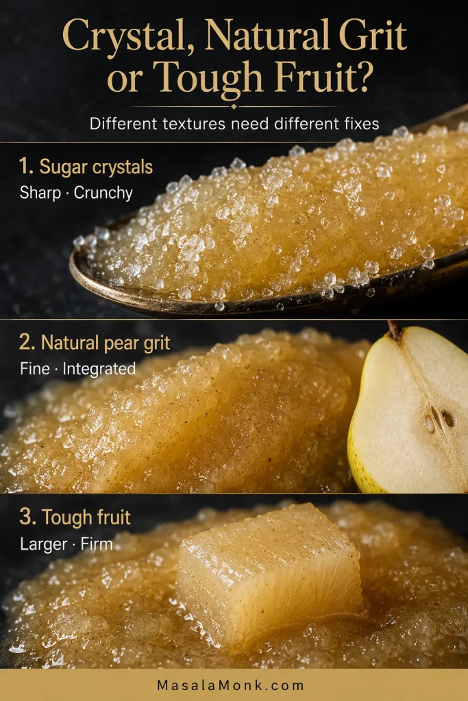 Close views compare angular sugar crystals, fine grain in pear flesh and a firm under-softened pear cube.
