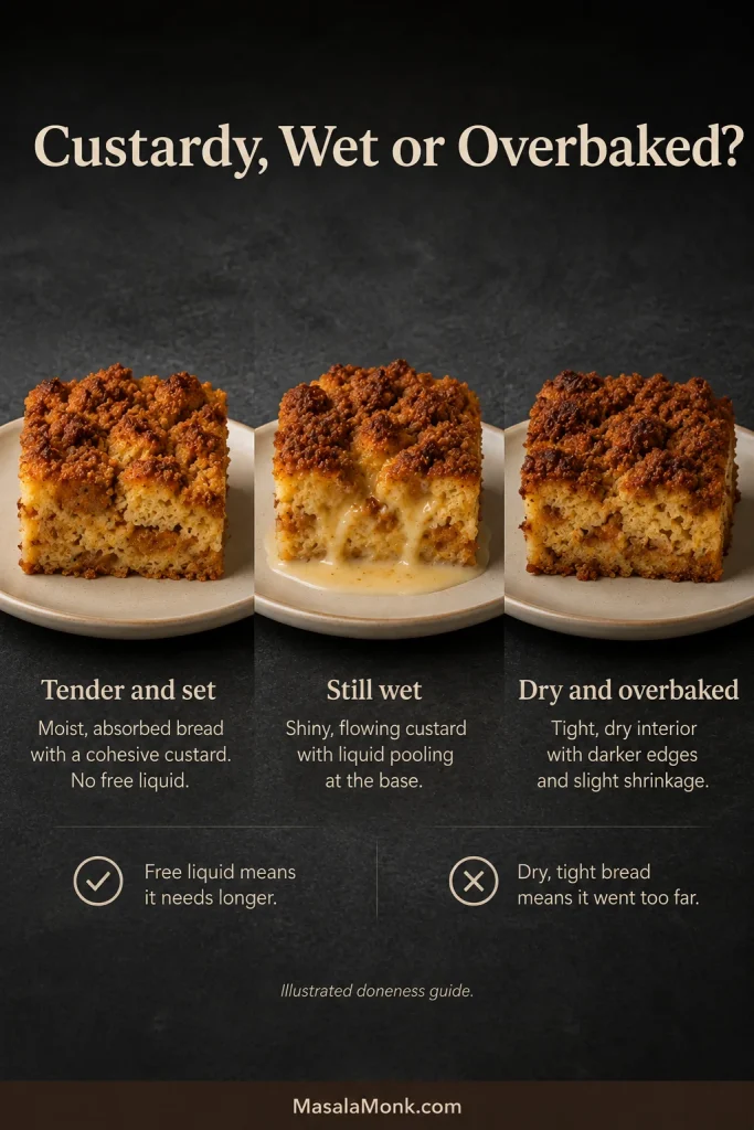 Three servings compare French toast casserole that is properly set, still wet with visible liquid and dry from overbaking.