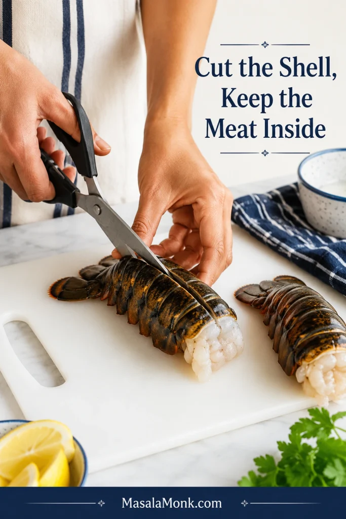Hands using kitchen shears to cut along the top shell of raw lobster tails on a white cutting board.