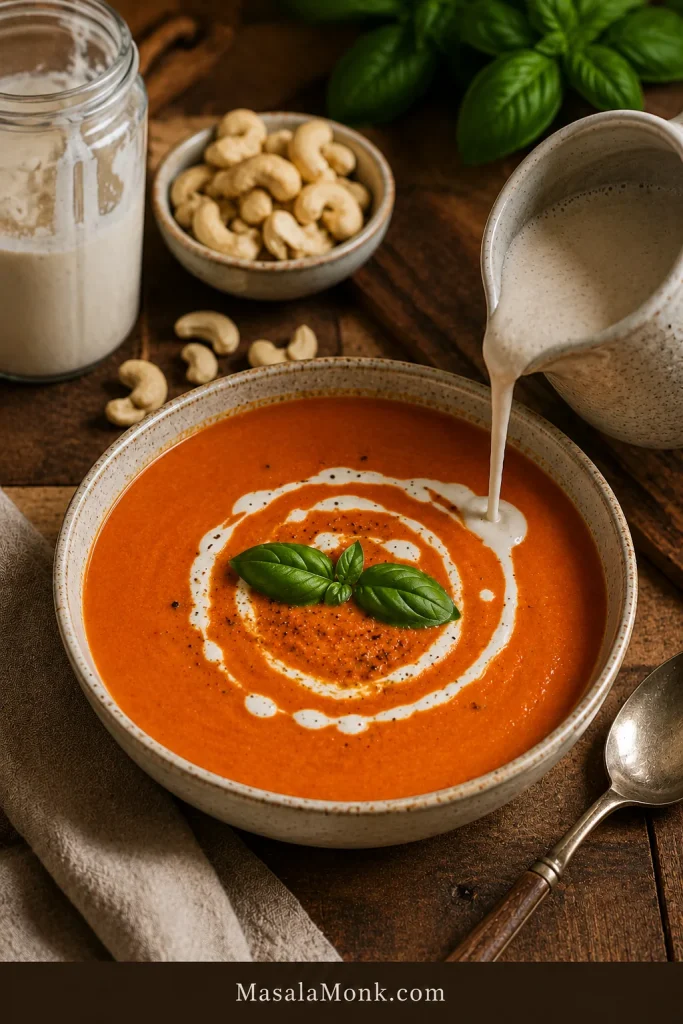 Bowl of tomato bisque with cashew cream being poured in, with cashews and basil nearby.