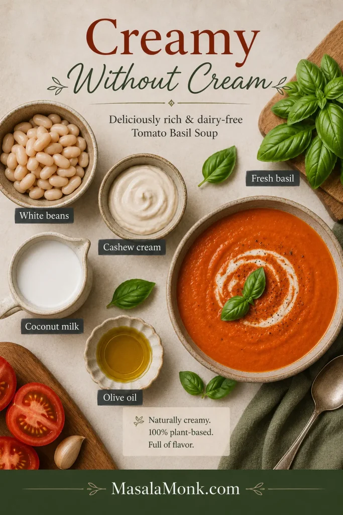 Dairy-free tomato basil soup options board with white beans, cashew cream, coconut milk, olive oil, basil, and a finished soup bowl.