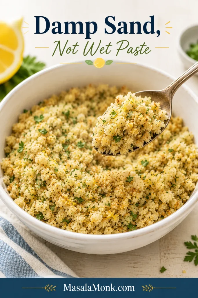 Bowl of buttered panko breadcrumb topping with herbs and lemon zest, lifted with a spoon to show a damp sand texture.