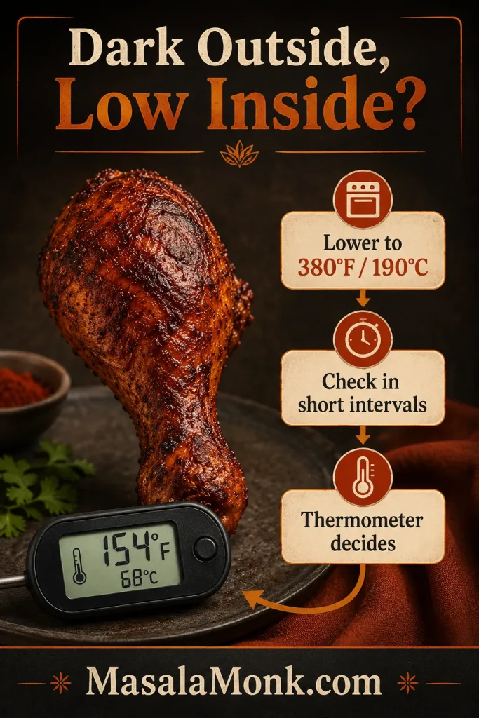 Troubleshooting image showing a dark browned drumstick with a thermometer below the target temperature and instructions to lower the air fryer to 380 degrees Fahrenheit.