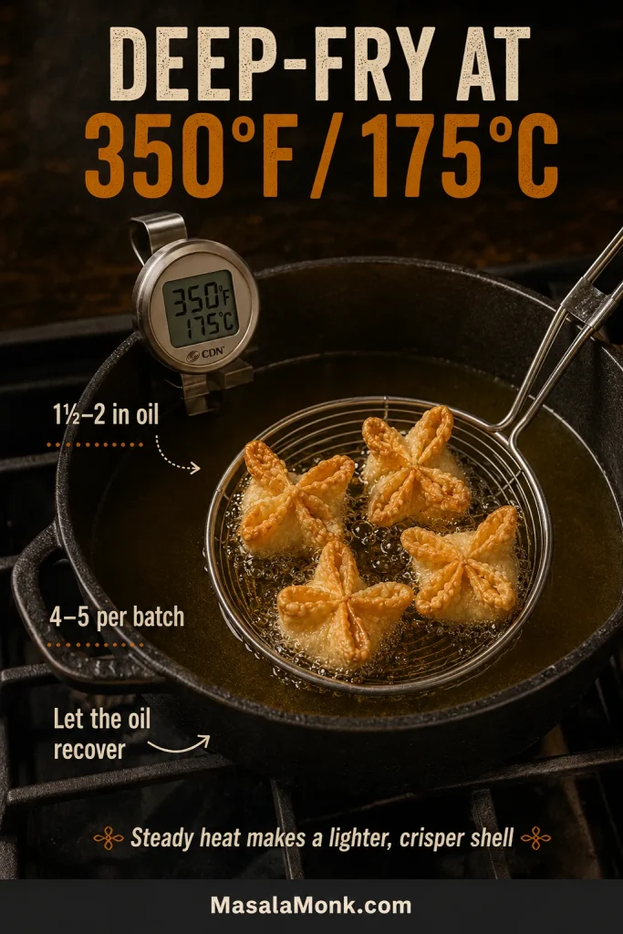 Five folded crab rangoons being carefully lowered into a heavy pot containing 1½ to 2 inches of oil at 350°F or 175°C.