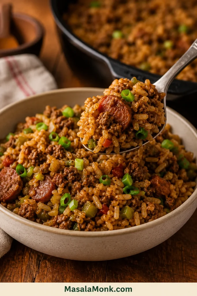 Close-up bowl of dirty rice with separate grains, browned ground beef, sausage pieces, green onions, and a spoon lifting a bite.