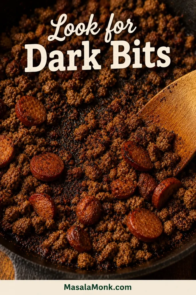 Browned ground beef and sausage in a cast-iron skillet with dark browned bits, rendered fat, and a wooden spatula.
