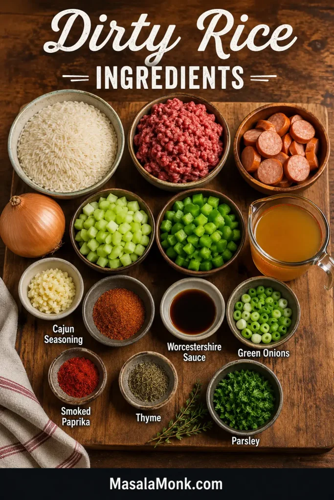 Wooden ingredient board with rice, ground beef, sausage, onion, celery, bell pepper, garlic, spices, broth, Worcestershire sauce, and green onions.