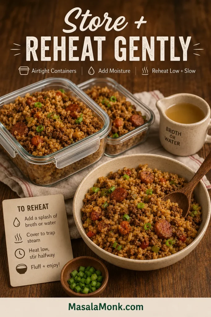 Dirty rice stored in glass containers with a reheated bowl, broth or water cup, green onions, and storage and reheating tips.