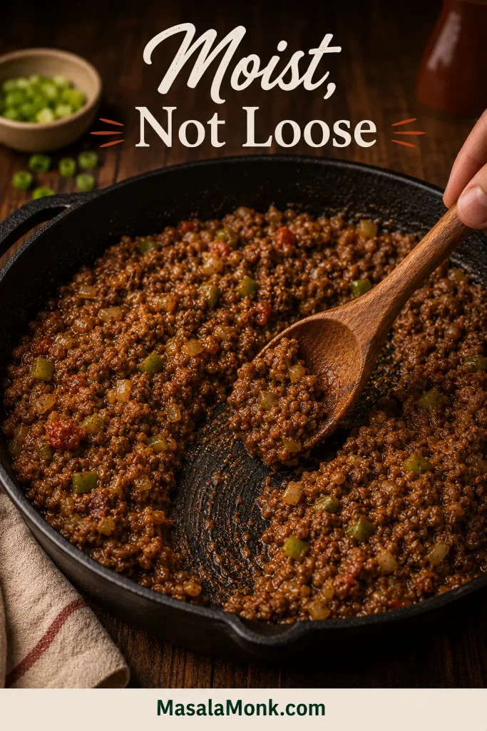 Dark deglazed meat base with browned beef, sausage, vegetables, and a wooden spoon leaving a path through the skillet.