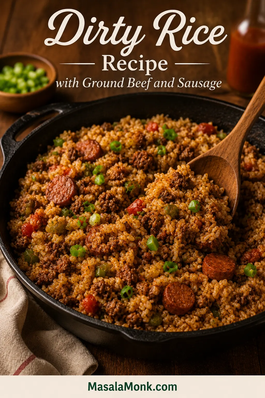 Finished dirty rice in a cast-iron skillet with ground beef, sausage slices, green onions, Cajun seasoning, and fluffy brown rice.
