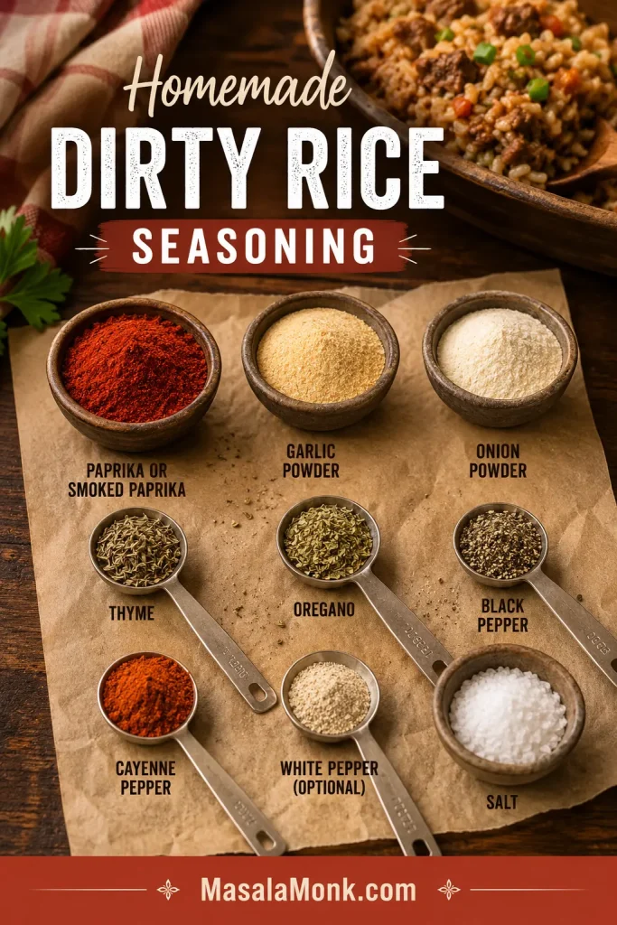 Bowls of paprika, garlic powder, onion powder, thyme, oregano, black pepper, cayenne, salt, and other dirty rice seasoning ingredients.