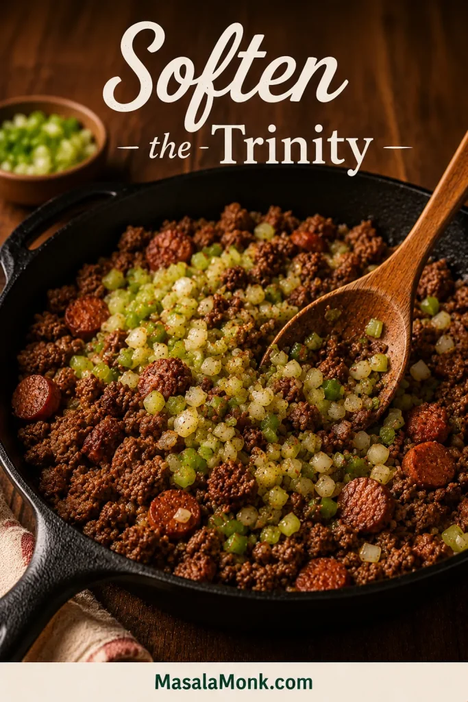 Diced onion, celery, and green bell pepper cooking with browned ground beef and sausage in a cast-iron skillet.