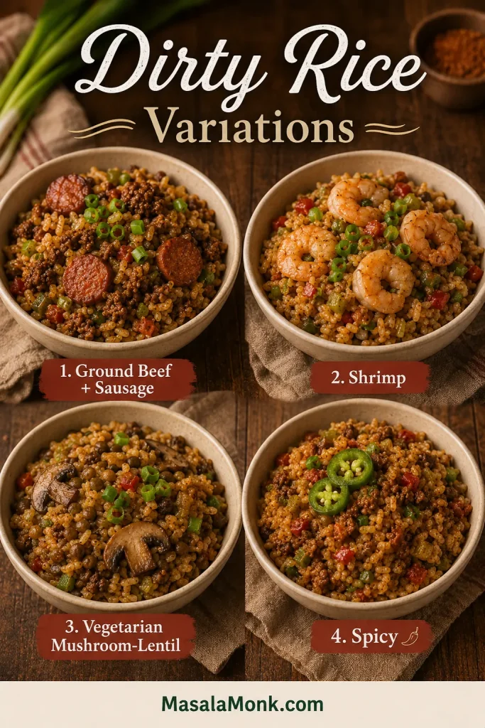 Four-panel guide showing dirty rice variations with ground beef and sausage, shrimp, vegetarian mushroom-lentil, and spicy dirty rice.