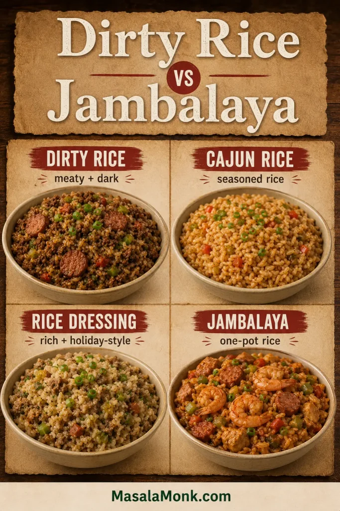 Four-panel comparison guide with labeled bowls of dirty rice, Cajun rice, rice dressing, and jambalaya.