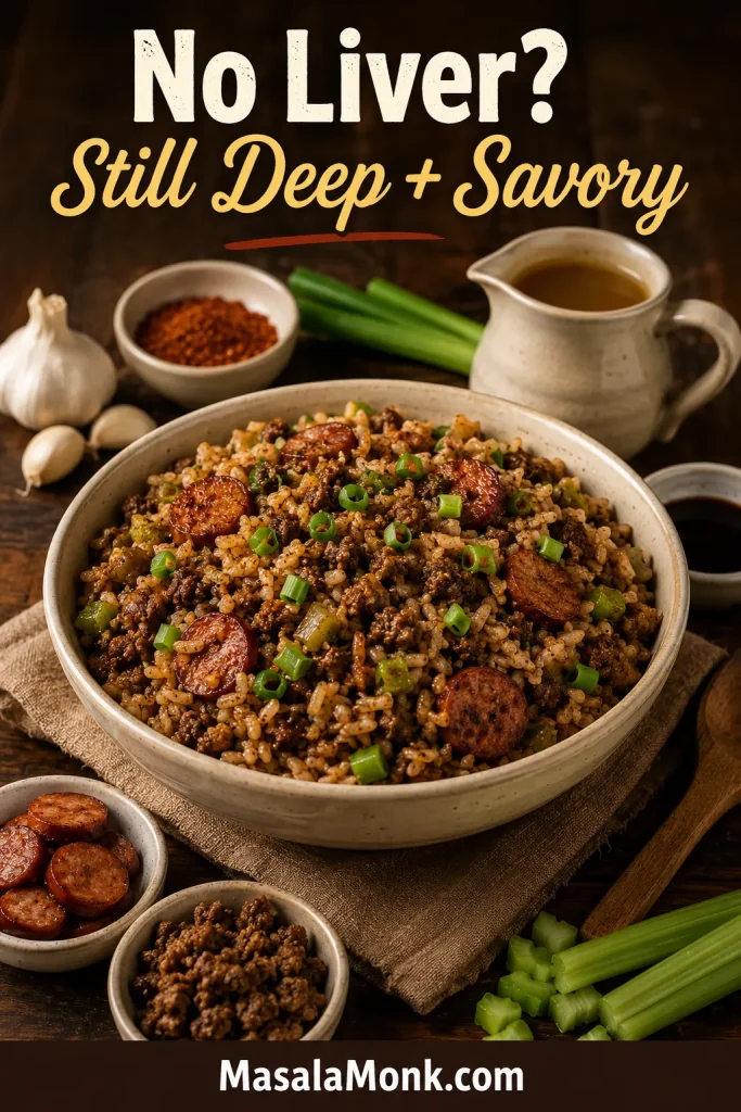 No-liver dirty rice in a bowl with ground beef, sausage, green onions, garlic, Cajun seasoning, broth, and fluffy brown rice.