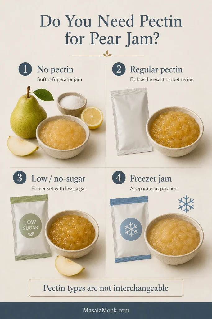 Four sections compare no-pectin jam with regular, low-sugar and freezer-jam pectin routes.