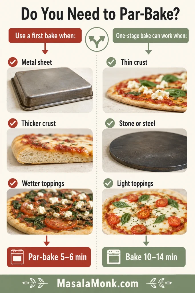 Decision guide showing when to par-bake pizza crust and when one-stage baking can work.