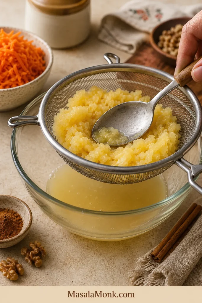 Crushed pineapple draining in a small sieve over a bowl with juice collecting below.