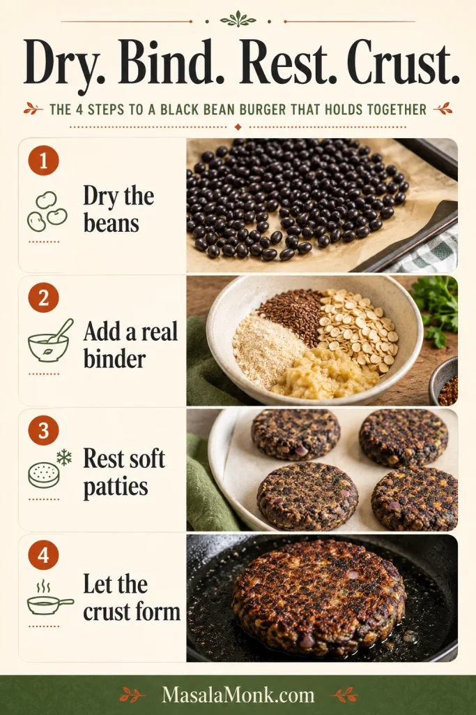 Vertical guide showing four steps for black bean burgers: dried beans, binder ingredients, resting patties, and a browned patty in a skillet.