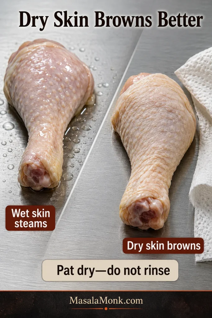 Comparison image showing a wet raw chicken drumstick with shiny moisture beside a patted-dry raw drumstick with matte skin.