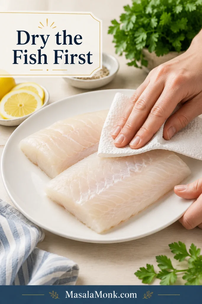 Raw haddock fillets being patted dry with paper towels on a light surface before baking.