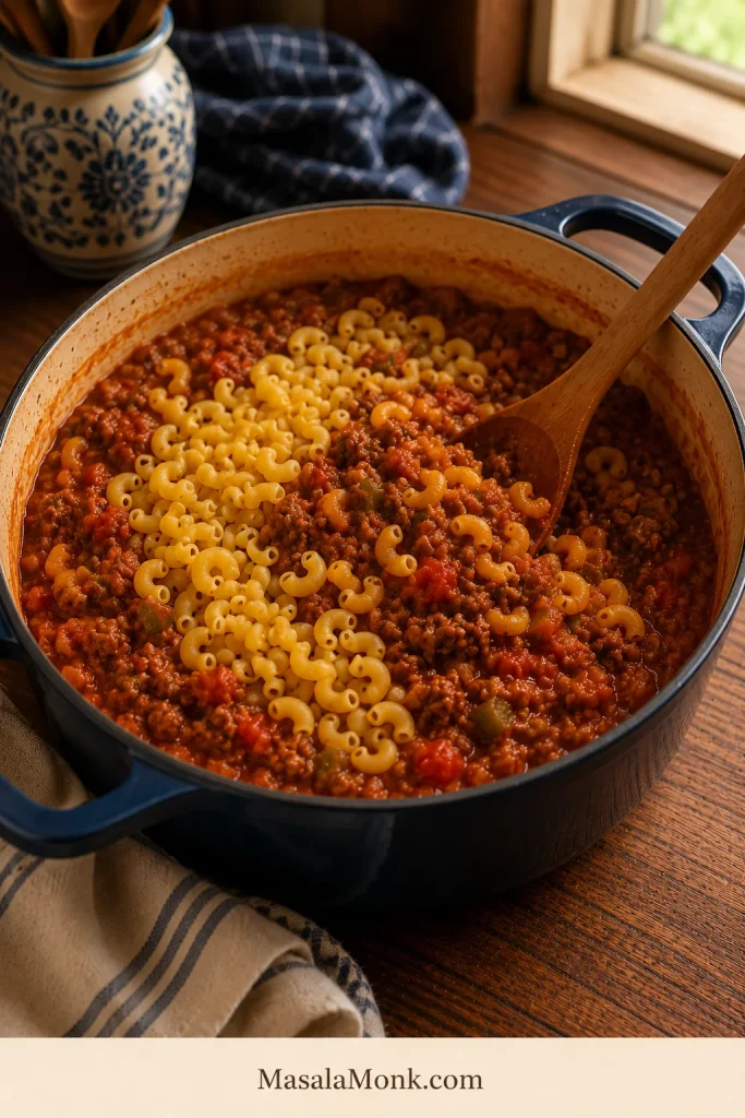 Dry elbow macaroni being stirred into tomato beef sauce in a Dutch oven for one-pot American goulash.