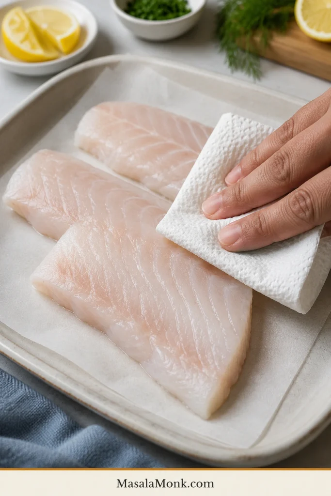 Raw rockfish fillets being patted dry with paper towels before pan-searing.