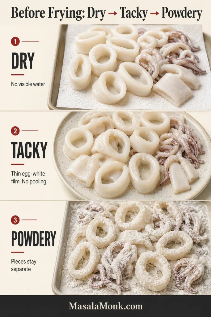 Three-stage coating guide showing dry squid, squid with a thin egg-white film and squid covered in a powdery dredge.