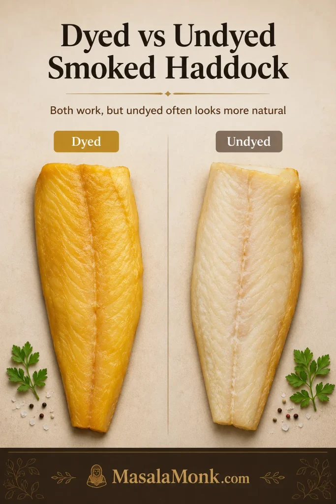 Side-by-side comparison of yellow dyed smoked haddock and paler undyed smoked haddock on a light surface.