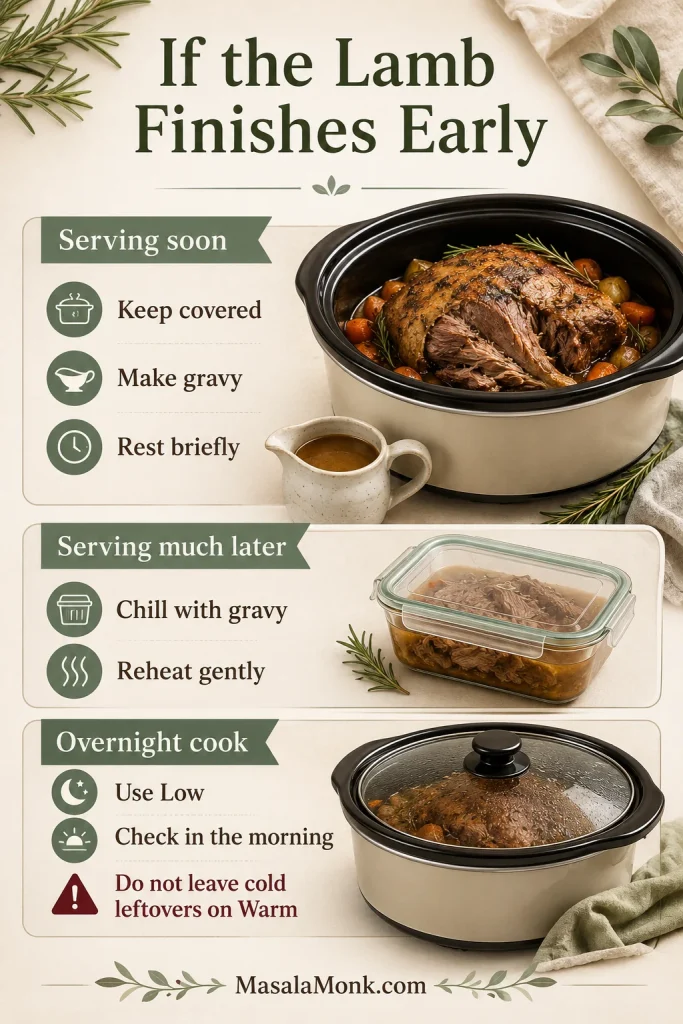 Decision guide showing what to do if slow cooker lamb finishes early, including keeping covered, chilling with gravy and reheating gently.