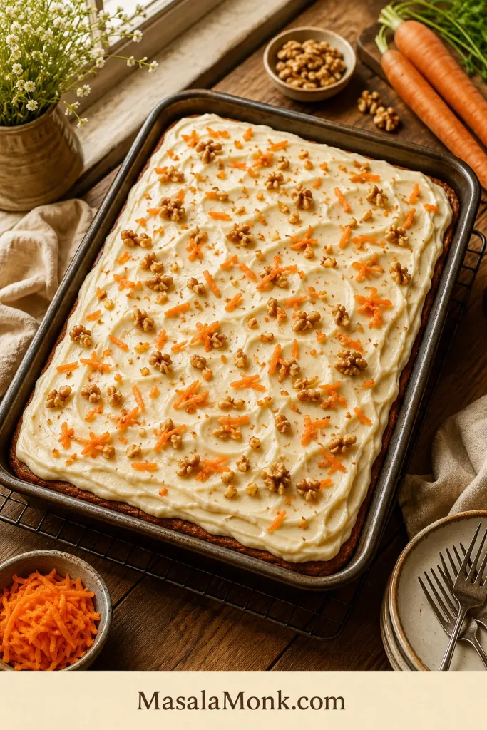 Rectangular 9x13 carrot cake sheet cake with swirled cream cheese frosting in a baking pan.