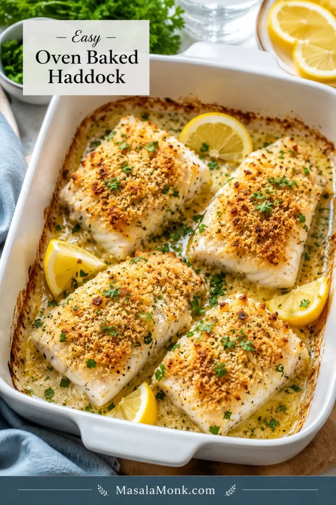 Four baked haddock fillets in a white baking dish with golden topping, parsley, and lemon wedges.