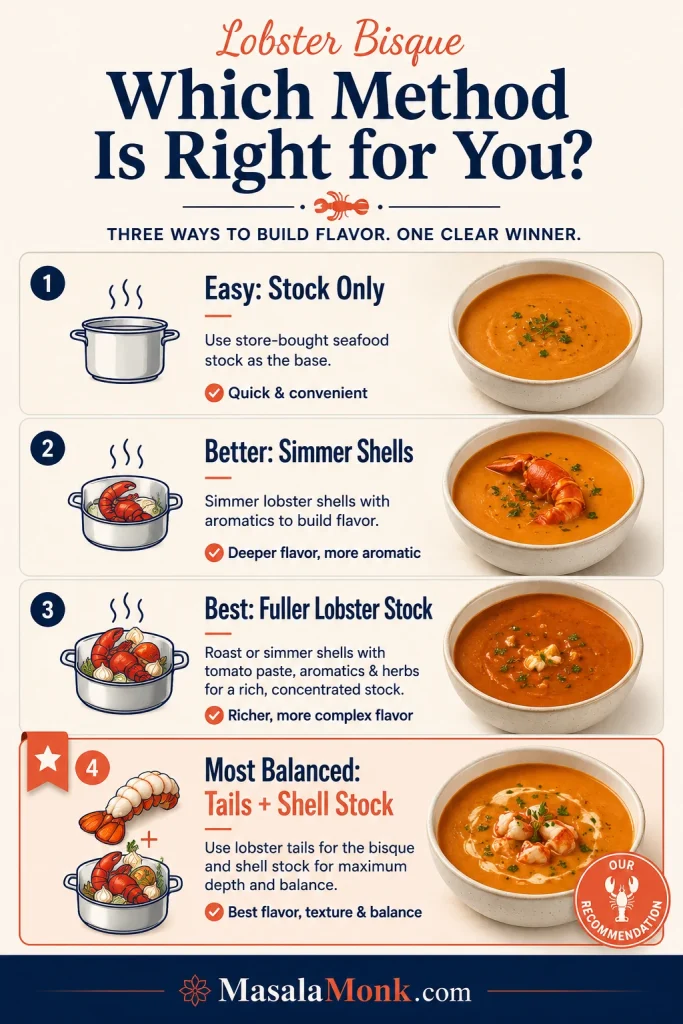 Infographic comparing easy, better, and best lobster bisque methods with stock-only, simmered shells, and fuller lobster stock options.