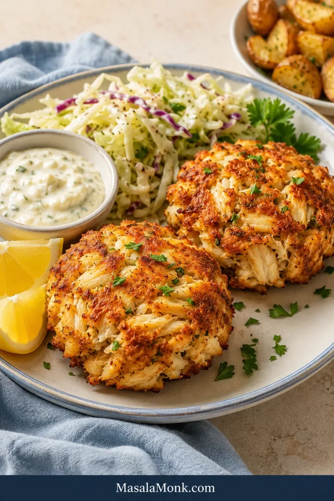 Crab cake dinner plate with two golden crab cakes, slaw, lemon wedges, sauce, and a blue linen napkin.