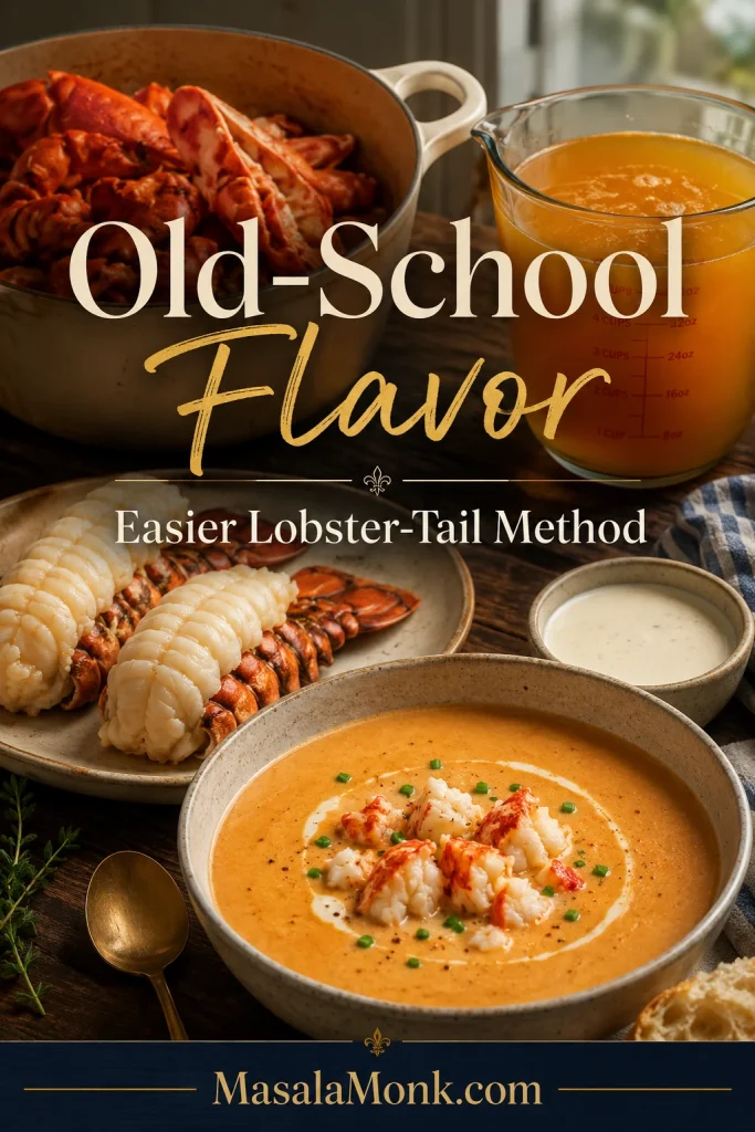 Method board with lobster tails, saved shells, golden stock, cream, and a finished bowl of lobster bisque.