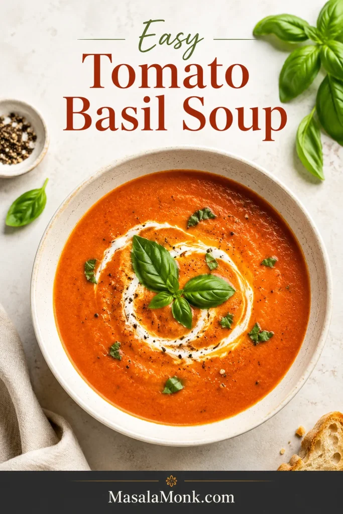 Finished bowl of tomato basil soup with basil garnish, light cream swirl, and black pepper on a pale surface.